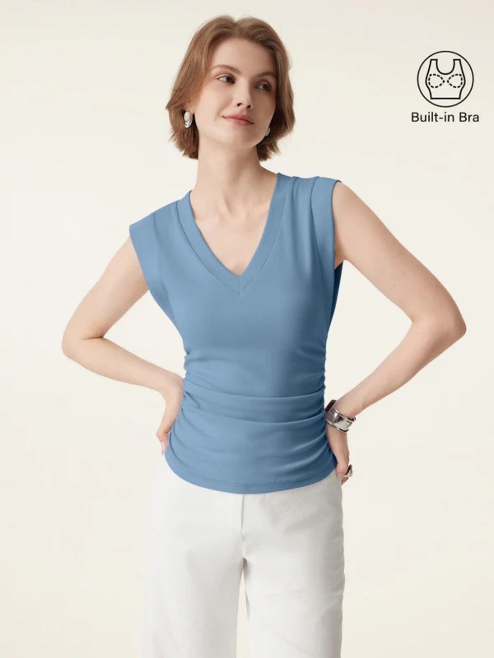 OGL Stretch Cotton V-neck Side Ruched Muscle Bra Top - Picture 1 of 3